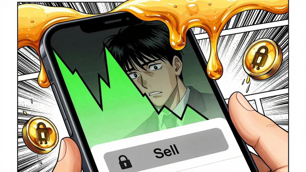 Manga illustration of a locked sell button trapping crypto tokens