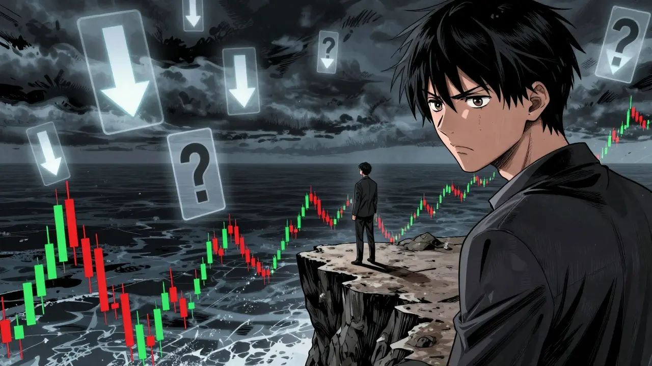 Manga illustration of a trader facing volatile crypto markets and red chart candles
