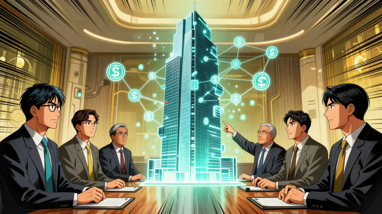 Manga illustration of business people viewing tokenized real estate holograms