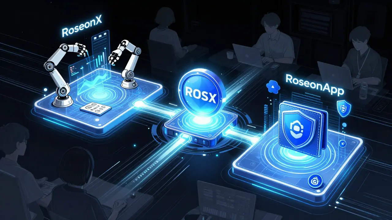 Manga illustration of the ROSX token ecosystem with AI and wallet modules