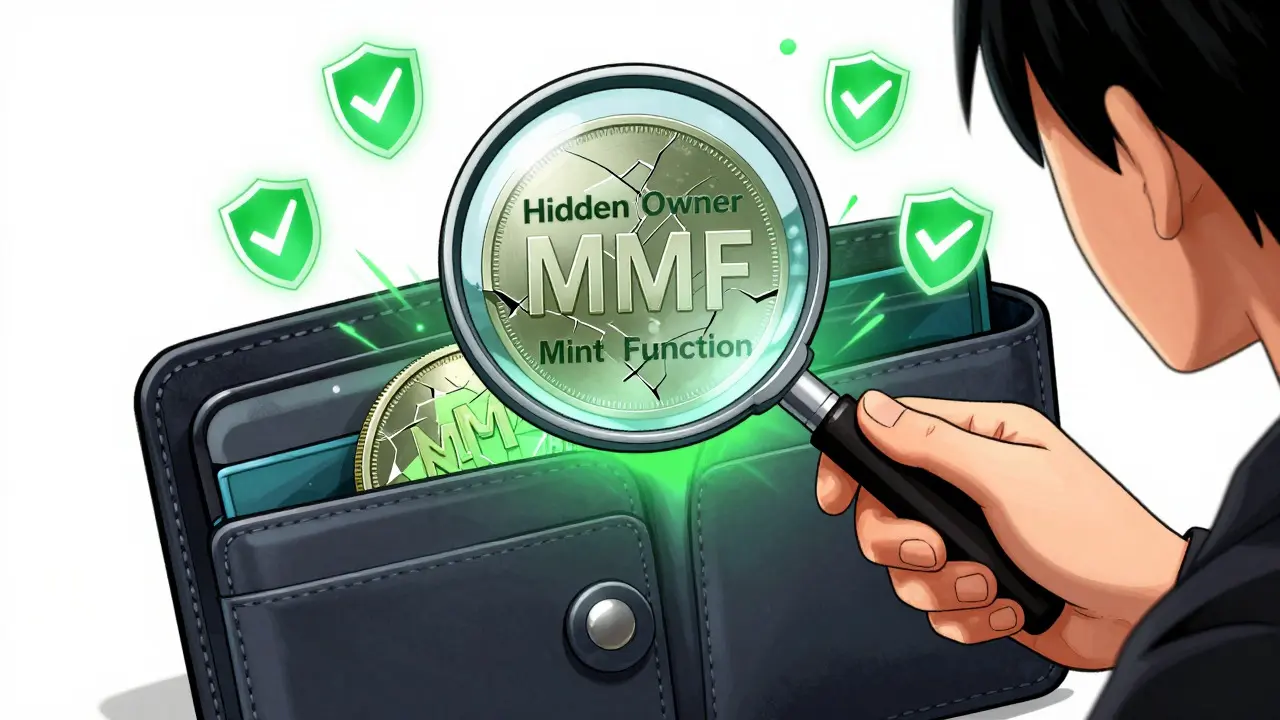 Manga illustration revealing hidden malicious functions in the MMF token contract via magnifying glass.