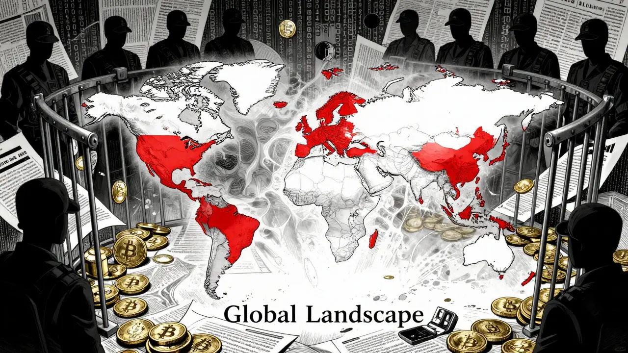 Manga map showing countries with red warning zones and digital cages