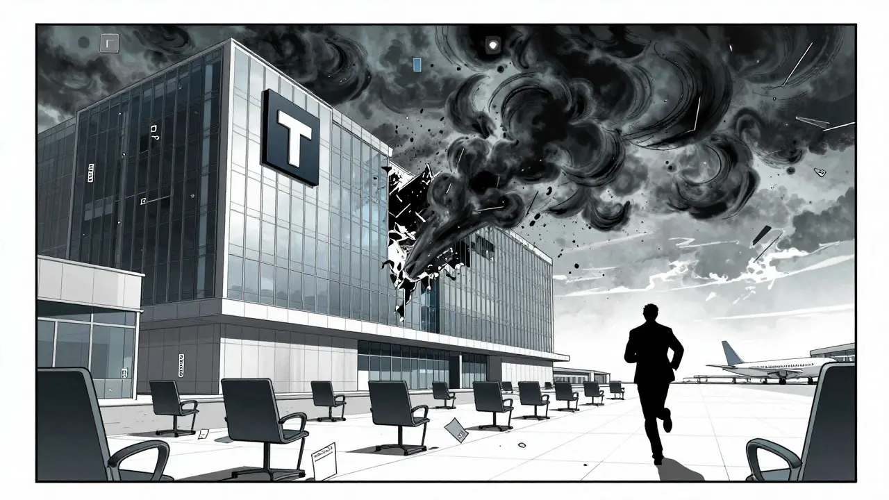 Manga scene of a CEO fleeing a collapsing crypto exchange