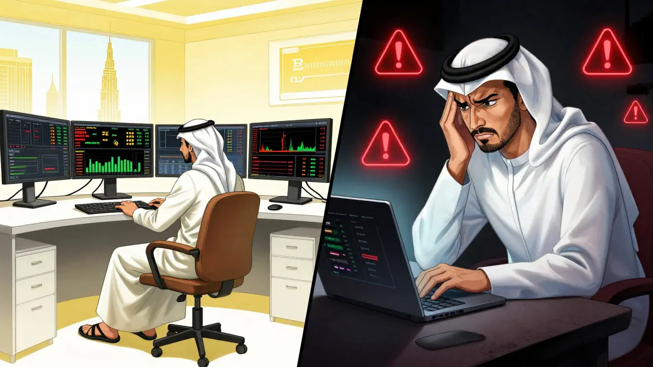 Manga split screen contrasting relaxed Dubai crypto trader with stressed Qatar investor