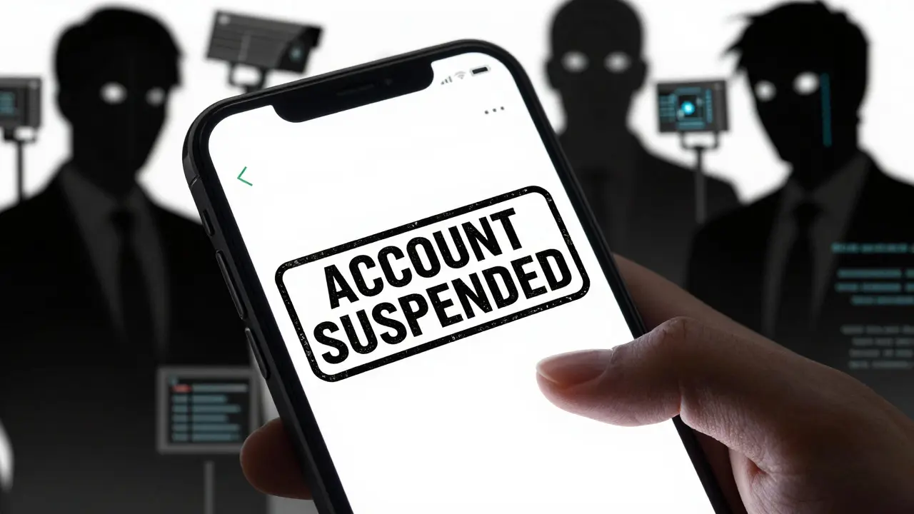 Manga style frozen bank account on phone with surveillance shadows looming