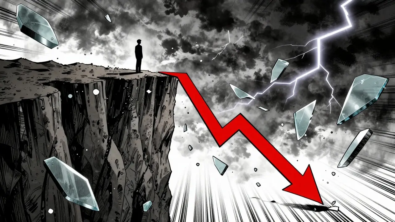 Manga style graphic of a crypto price chart crashing down a cliff