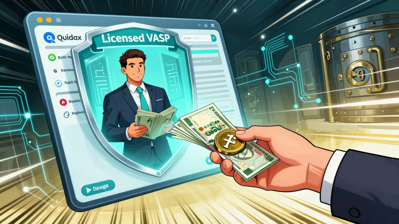 Manga style: Merchant securely converts crypto to Naira via licensed platform.