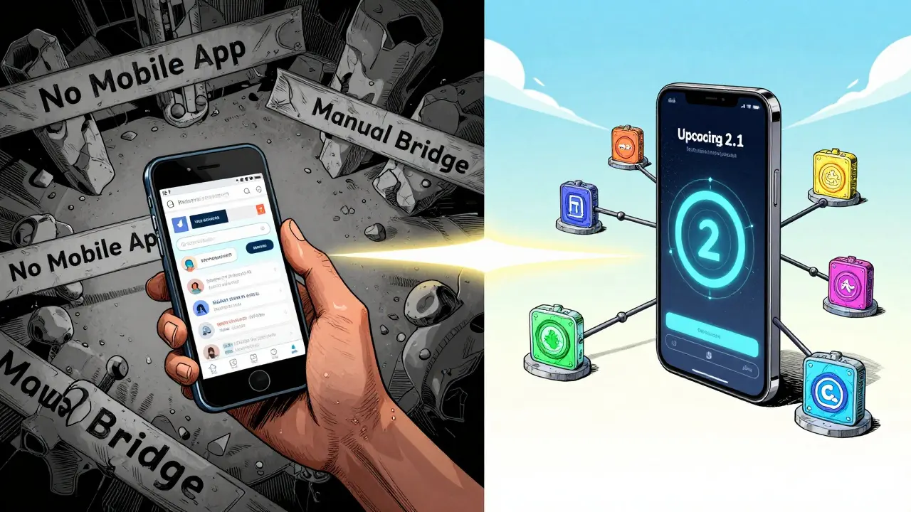 Manga style split view of clunky web vs future mobile app