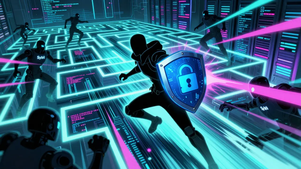 Manga warrior dodging robotic enemies in a neon data maze representing security