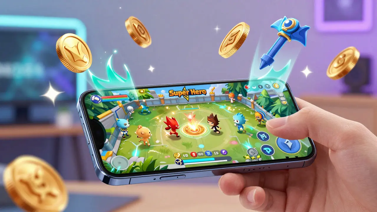 Smartphone displaying cute NFT game characters and rewards
