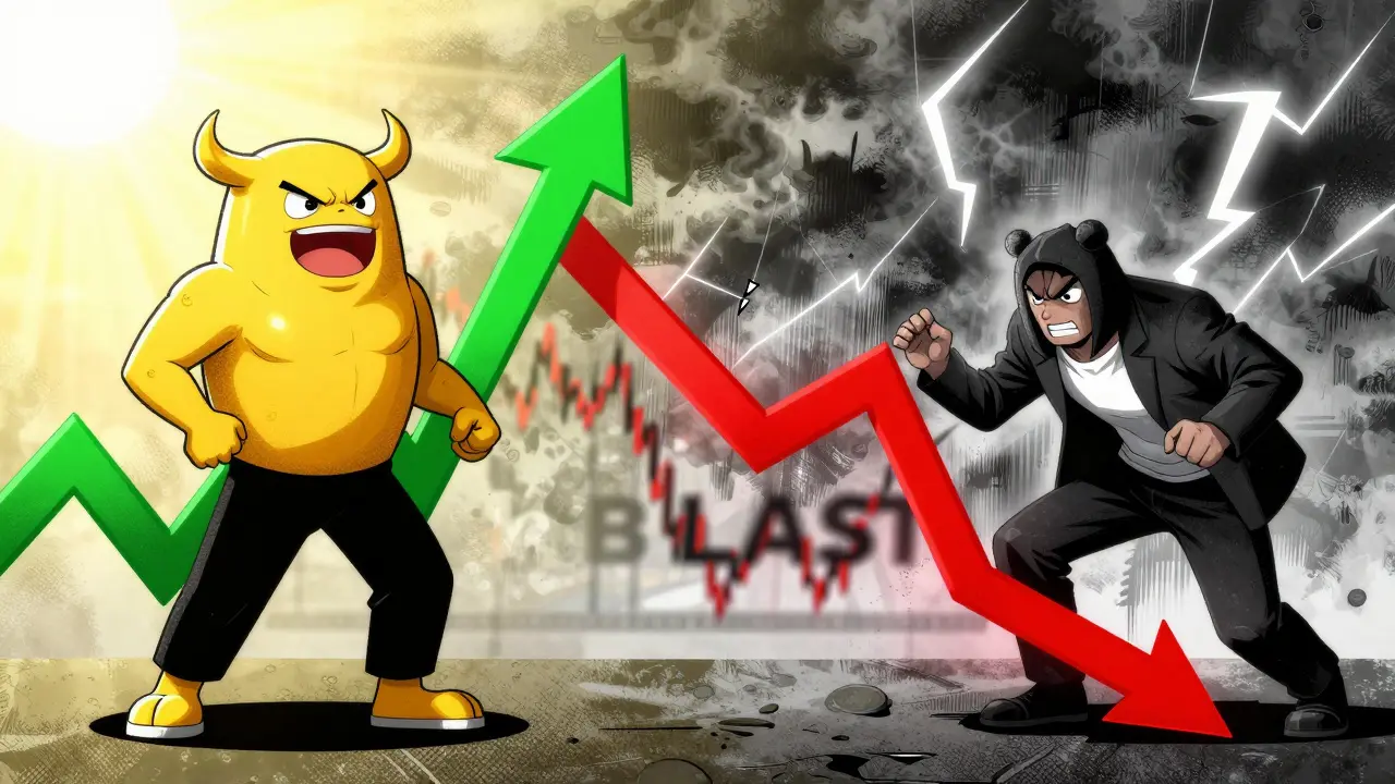 Split scene showing bullish rise and bearish fall in crypto market