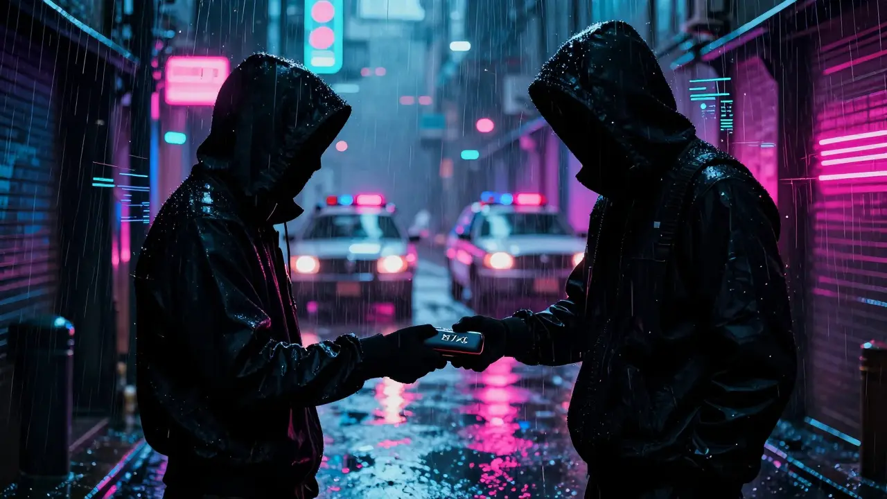 Two hooded figures exchanging a device in a rainy neon alleyway