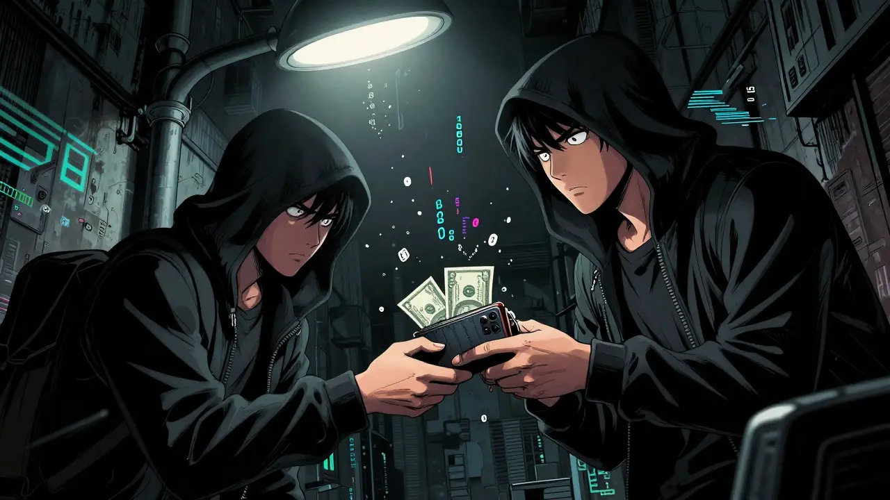 Underground crypto trade in dark alley with paranoid traders