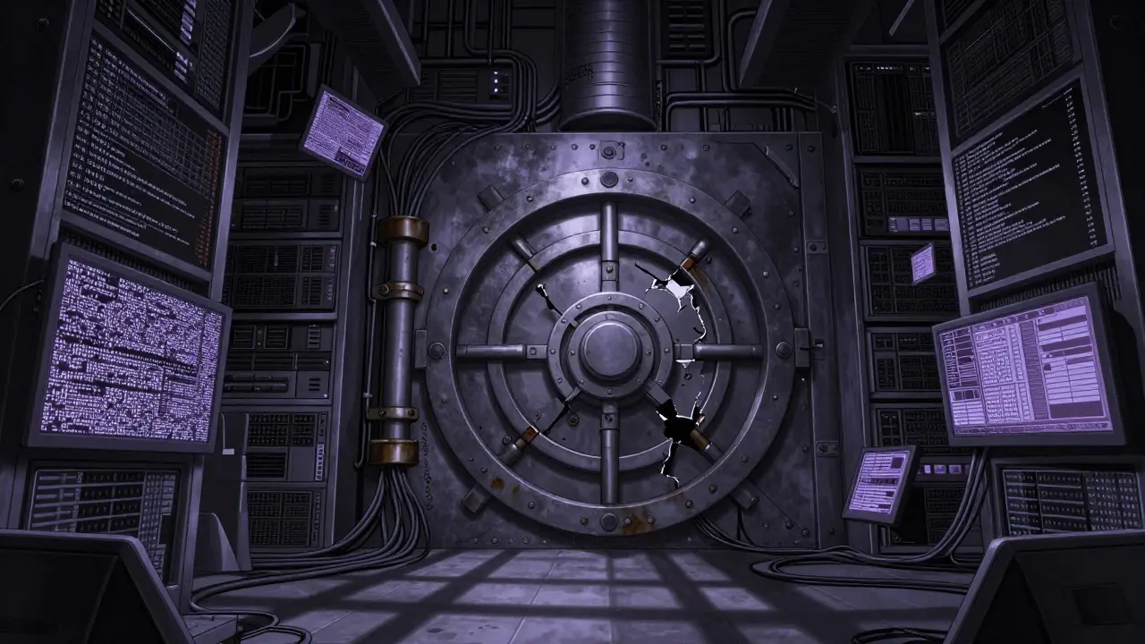 Anime art of a broken secure vault surrounded by tangled cables and static