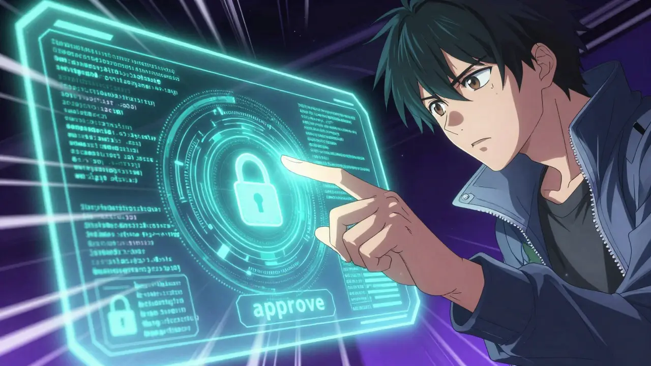 Anime character inspecting a glowing blockchain interface with caution