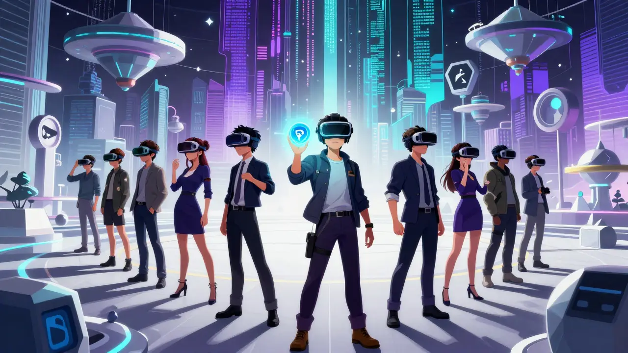 Anime characters in a digital metaverse holding KPK tokens