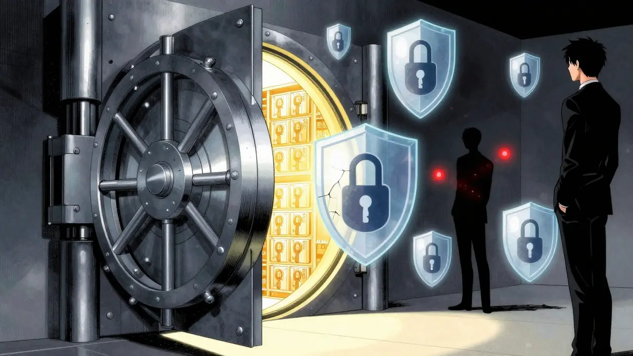 Anime depiction of a secure vault with protective shields and warning lights in a dark room