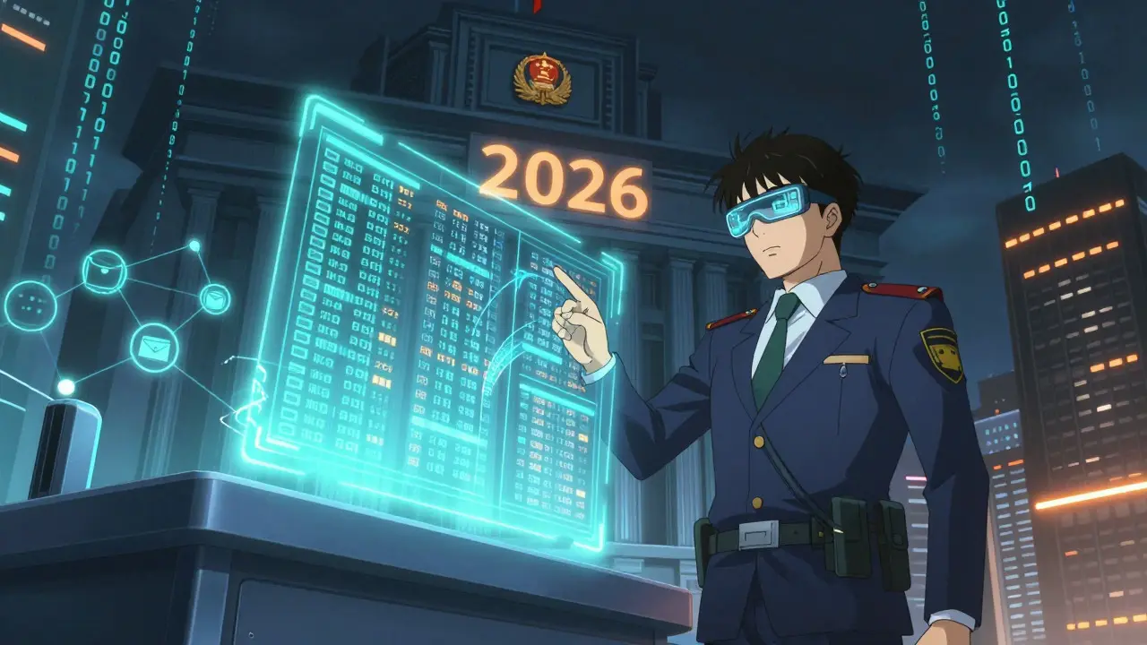 Anime depiction of a tax auditor using holographic tech to track digital asset transactions