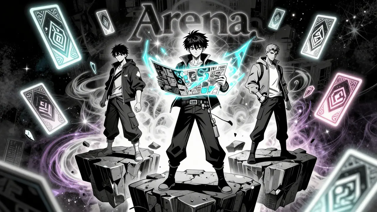 Anime depiction of two rivals competing in a floating digital arena with NFT cards