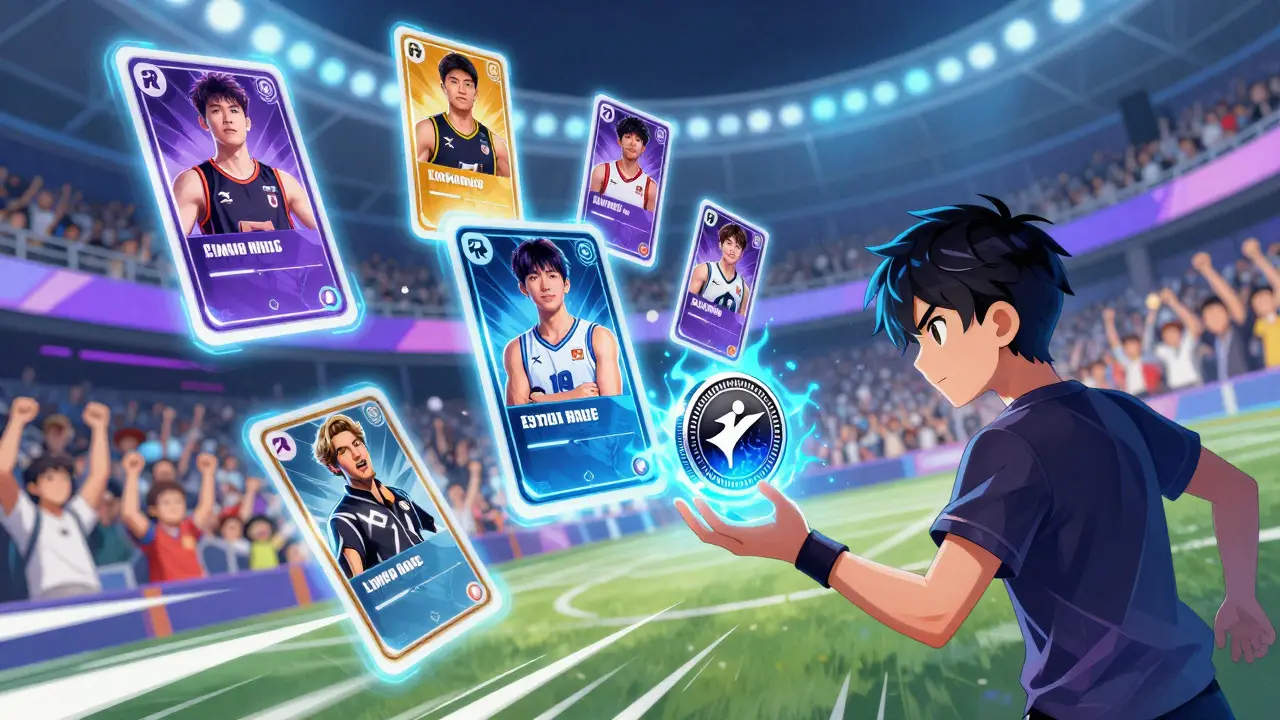 Anime gamer holding glowing LMT token near floating sports NFTs