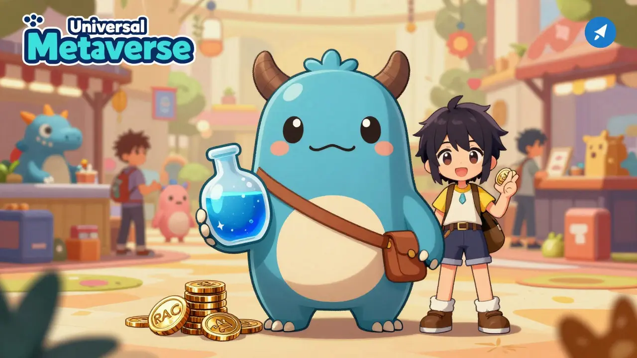 Anime gamer holding potions and coins next to a cute Metamon monster in a virtual world.