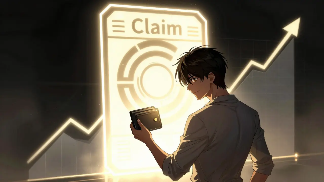 Anime hero claiming crypto tokens from a glowing portal with a rising price chart.