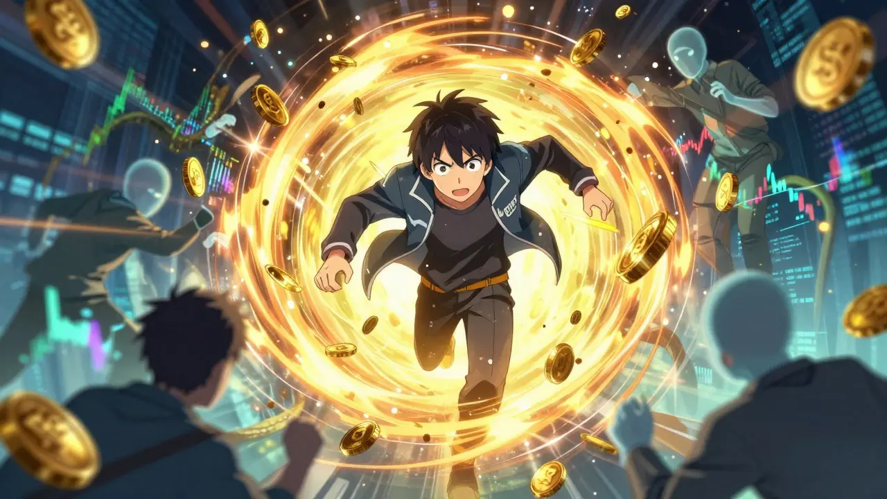 Anime scene of a developer surrounded by swirling flash loan assets
