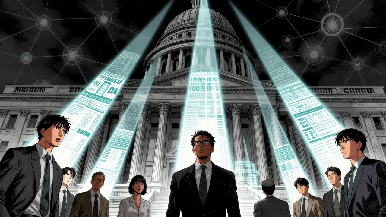 Anime-style depiction of government buildings scanning crypto investors with light beams representing new reporting rules