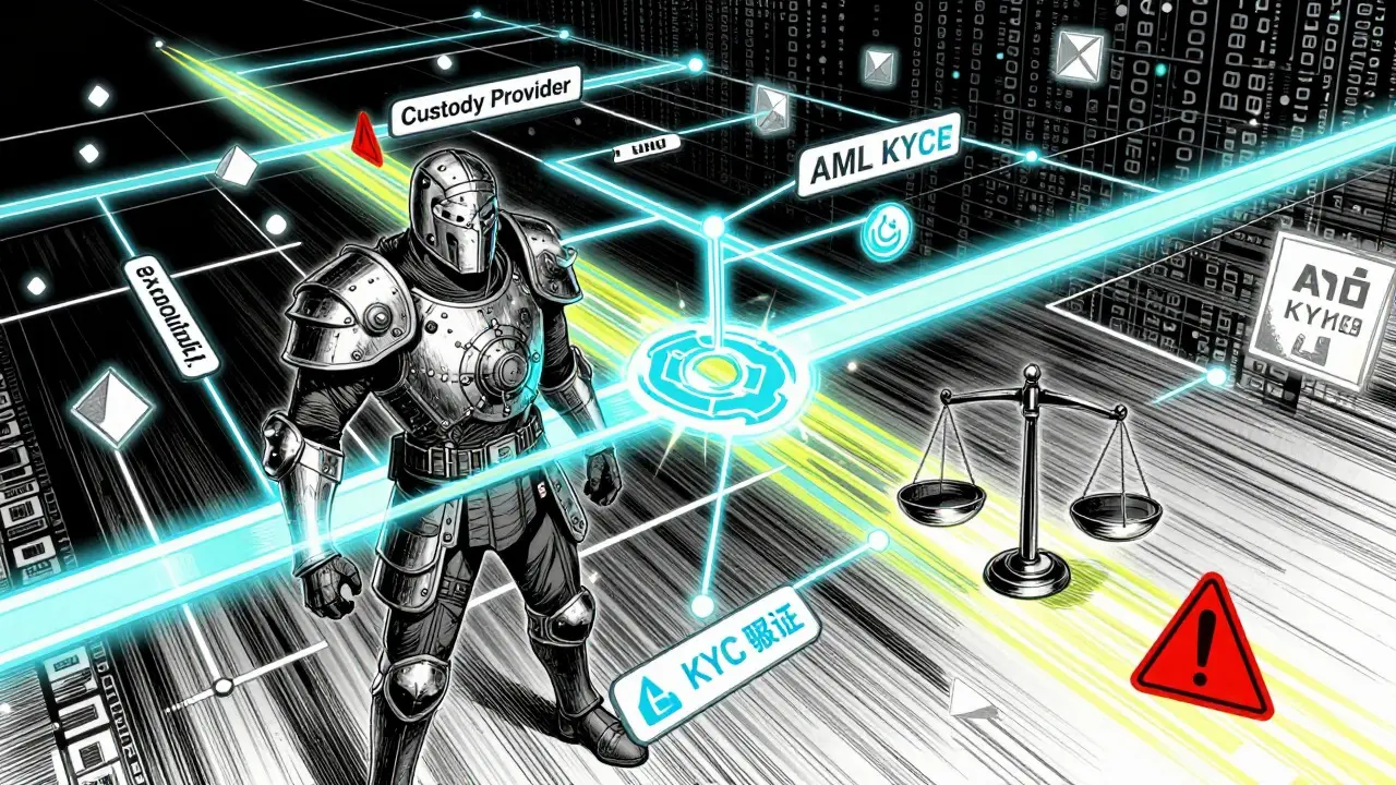 Anime style diagram of crypto custody and exchange networks with security checks