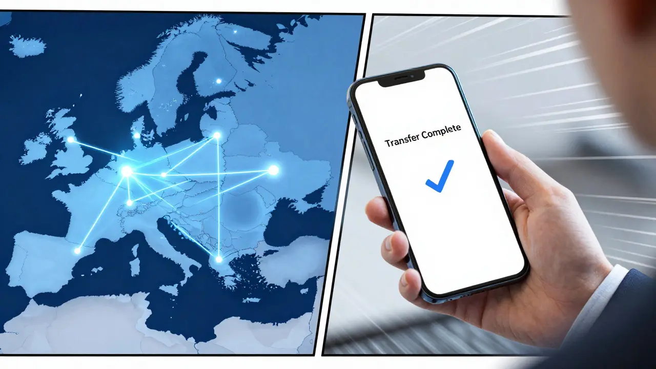 Business person using smartphone for fast European cross-border crypto transfer