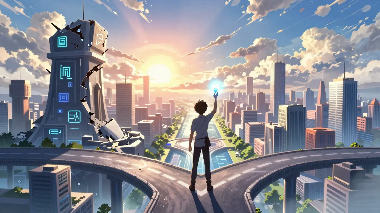 Character at a crossroads looking toward a bright, futuristic city