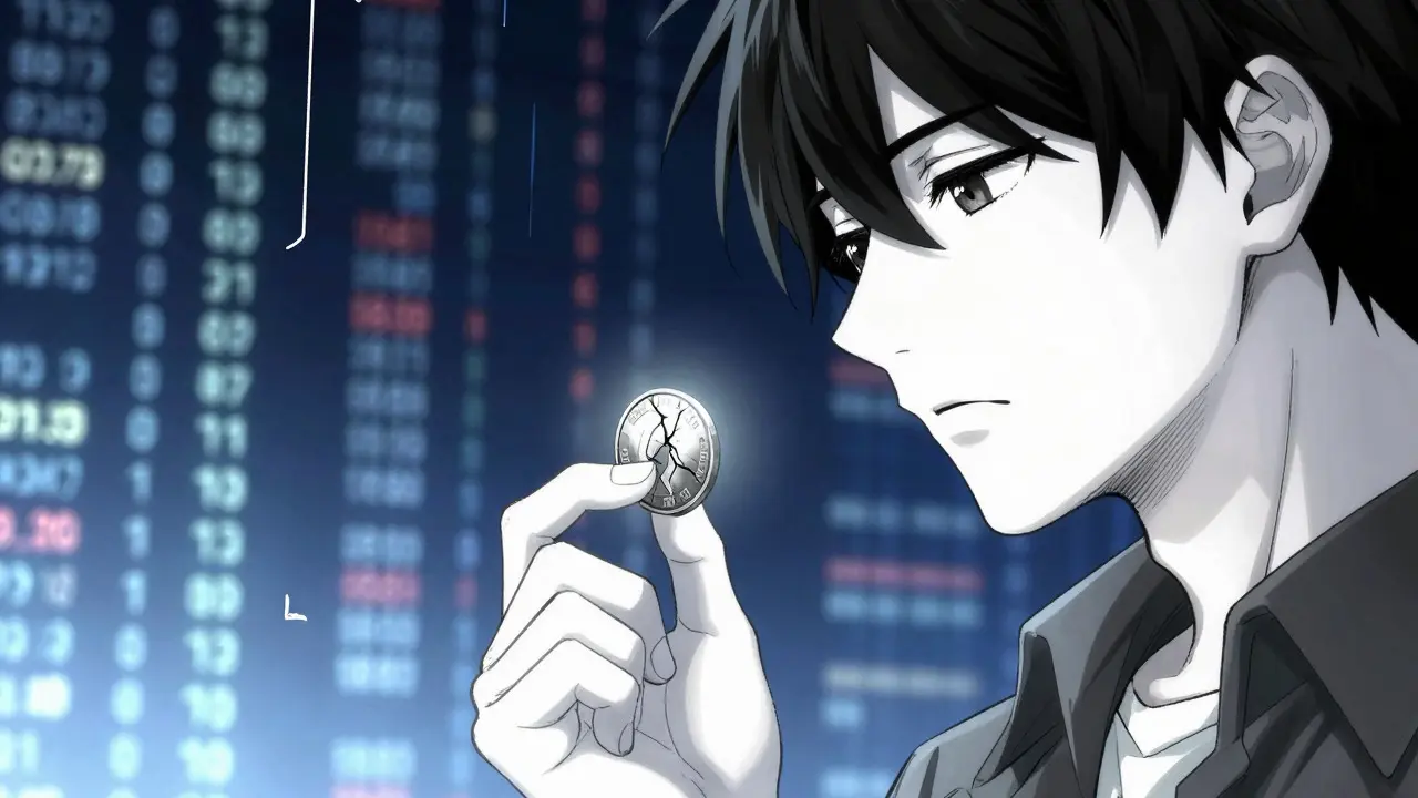 Close-up manga shot of a person holding a cracked, faintly glowing coin against a chaotic background.