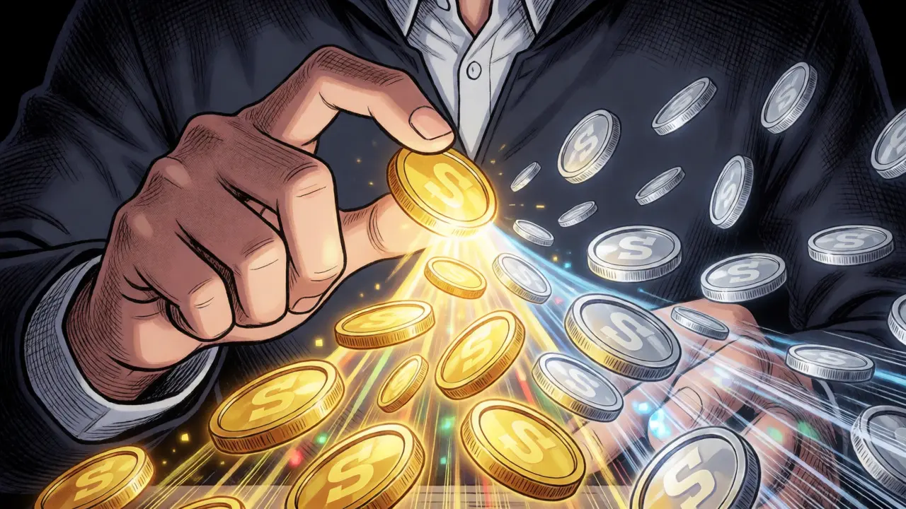 Close-up of hands concentrating golden coins into a beam of light in manga style.
