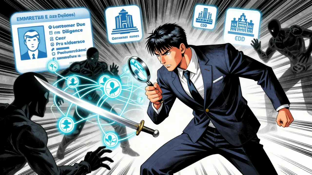 Compliance officer battling money laundering risks in manga style