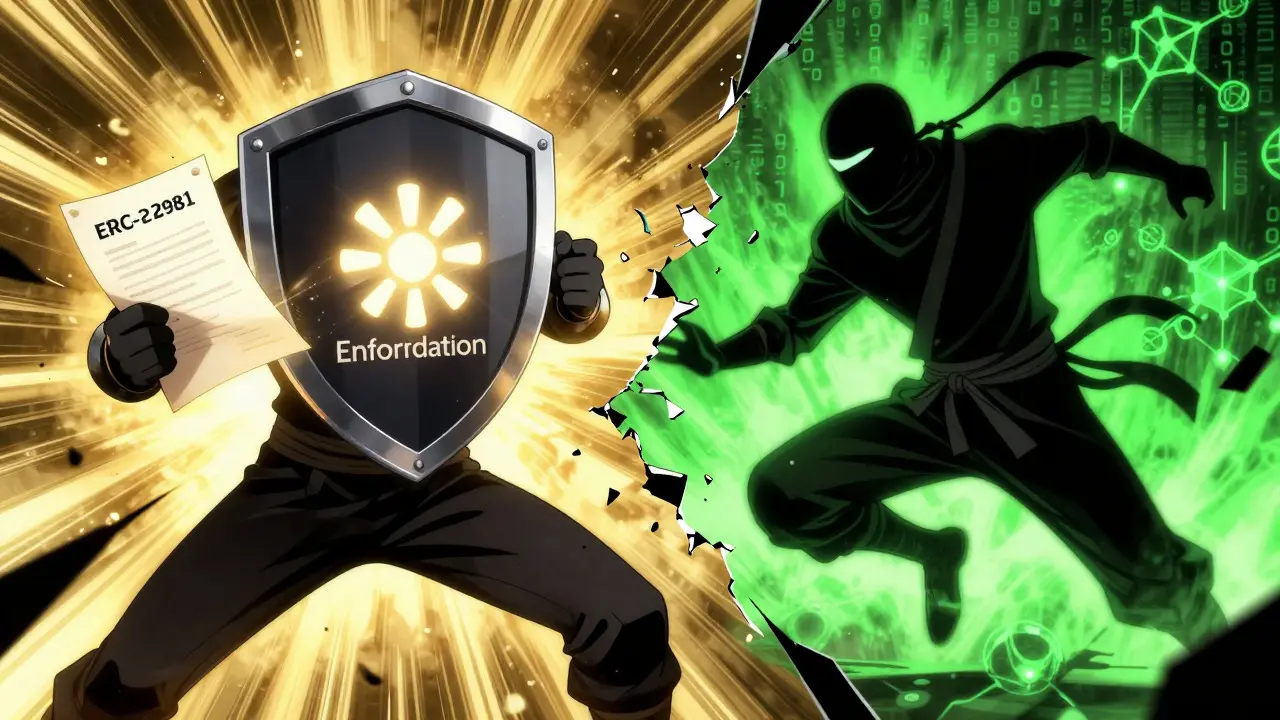 Conceptual manga battle between enforced royalties and fee-free trading