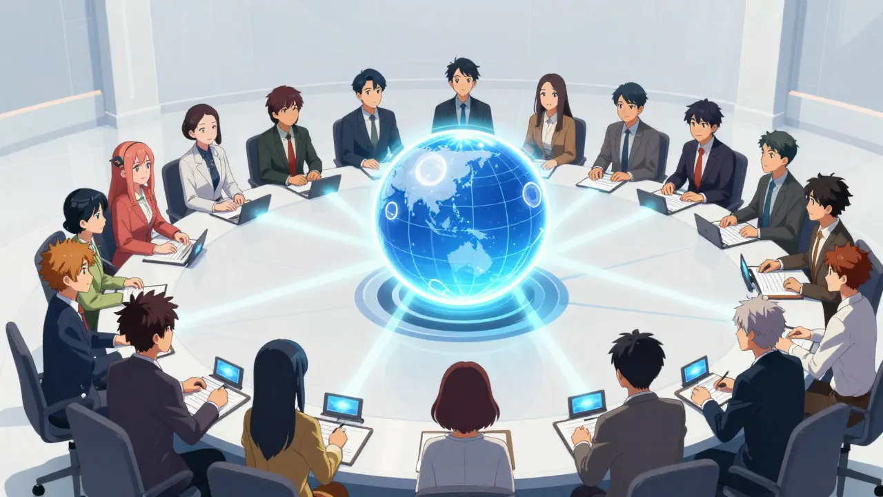 Diverse anime avatars voting together around a glowing smart contract