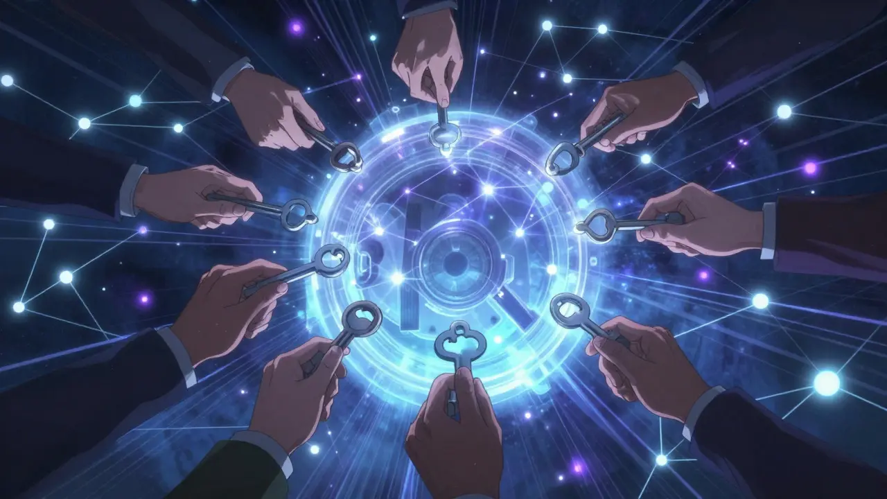 Glowing network nodes connecting to a secure vault with multiple keys