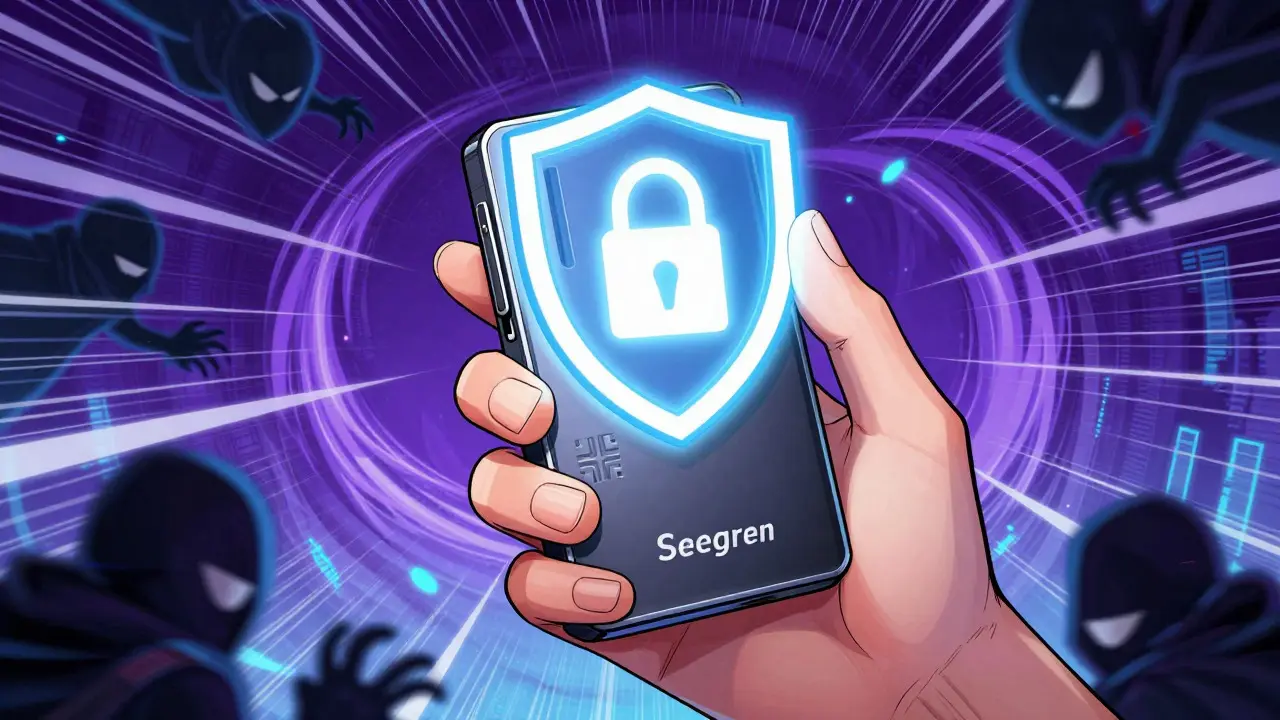 Hand holding a secure hardware wallet protected by a glowing digital shield