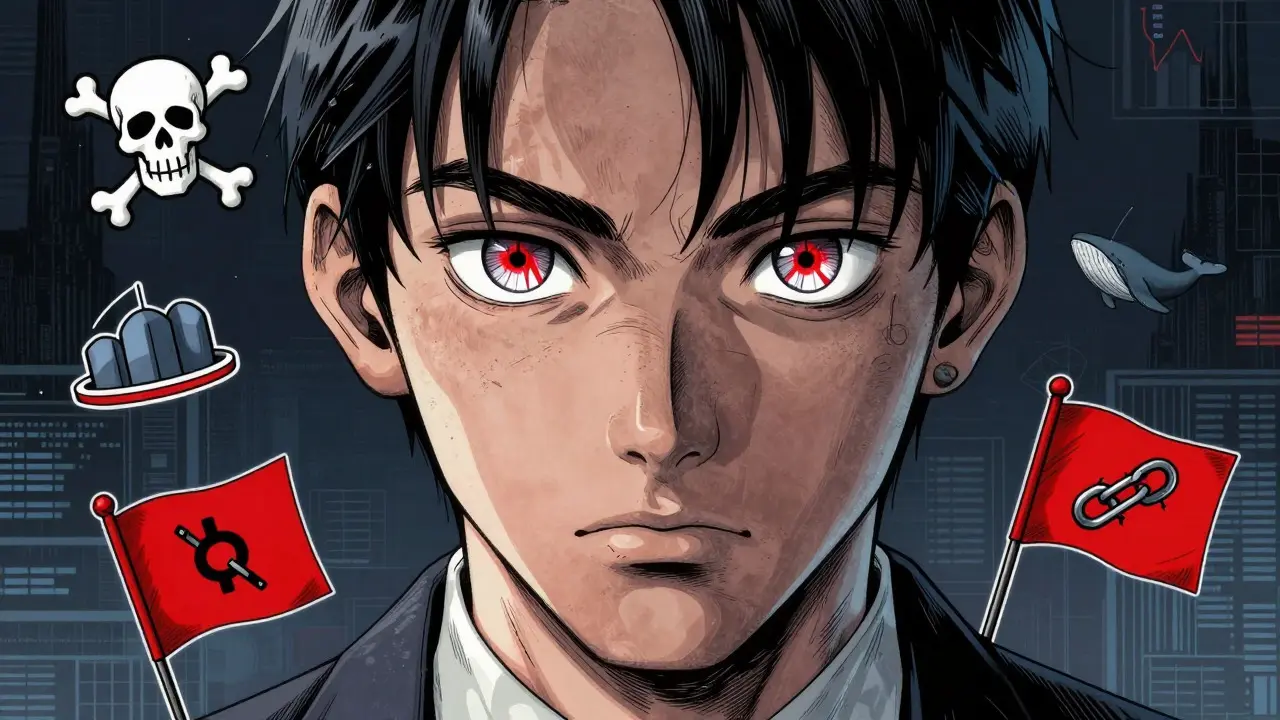 Investor analyzing red flags like low liquidity and contract risks in manga style.