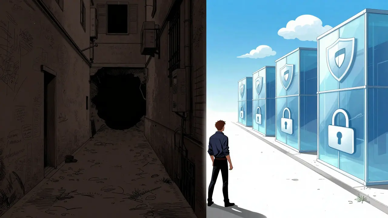 Investor choosing safe, regulated path over dark, risky alleyway
