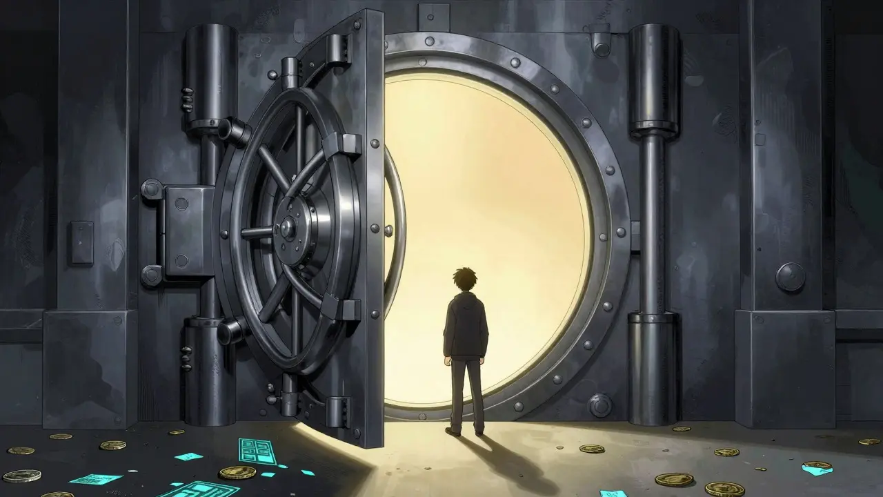 Manga art of a secure vault door contrasting with discarded digital coins