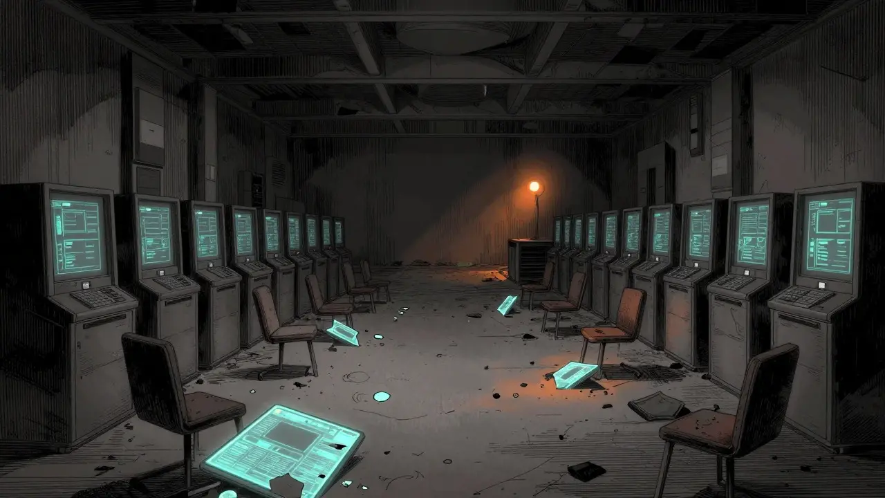 Manga art of an abandoned digital arena with broken holograms, symbolizing the protocol's collapse.