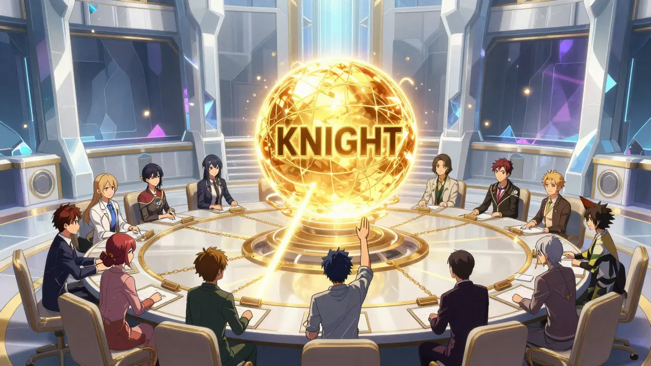 Manga art showing a futuristic council voting around a glowing central token orb