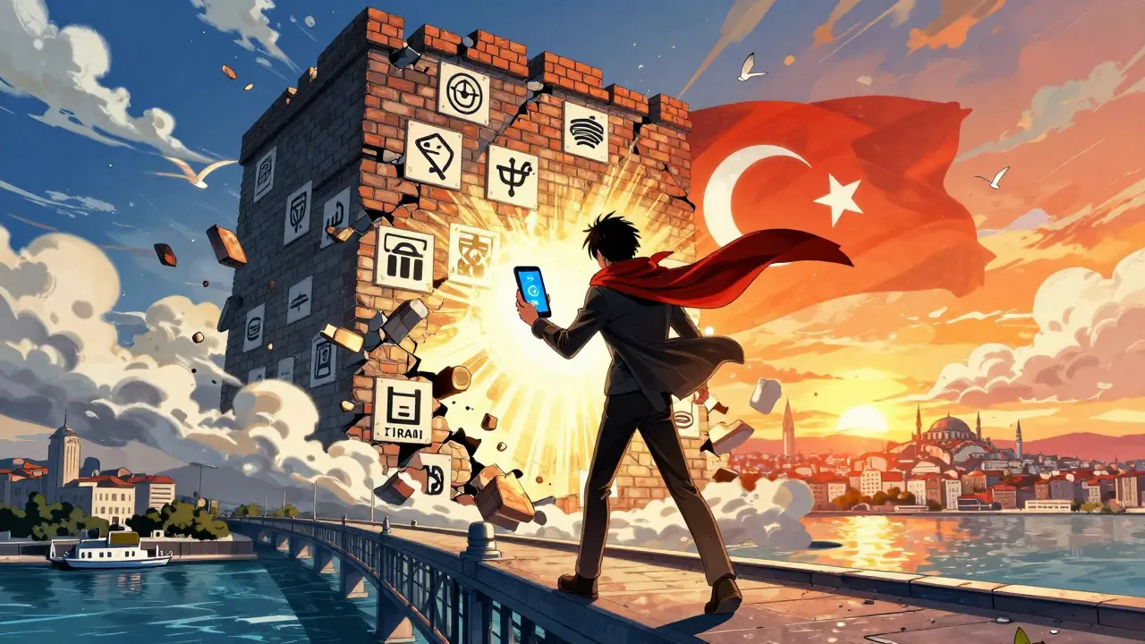 Manga art showing a user escaping restrictions via a Turkish hub towards decentralized finance opportunities