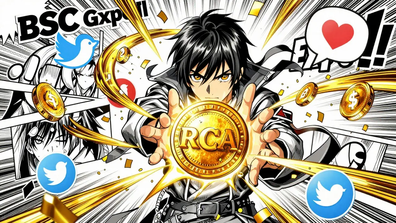 Manga character surrounded by flying RACA tokens and social media icons during an airdrop.