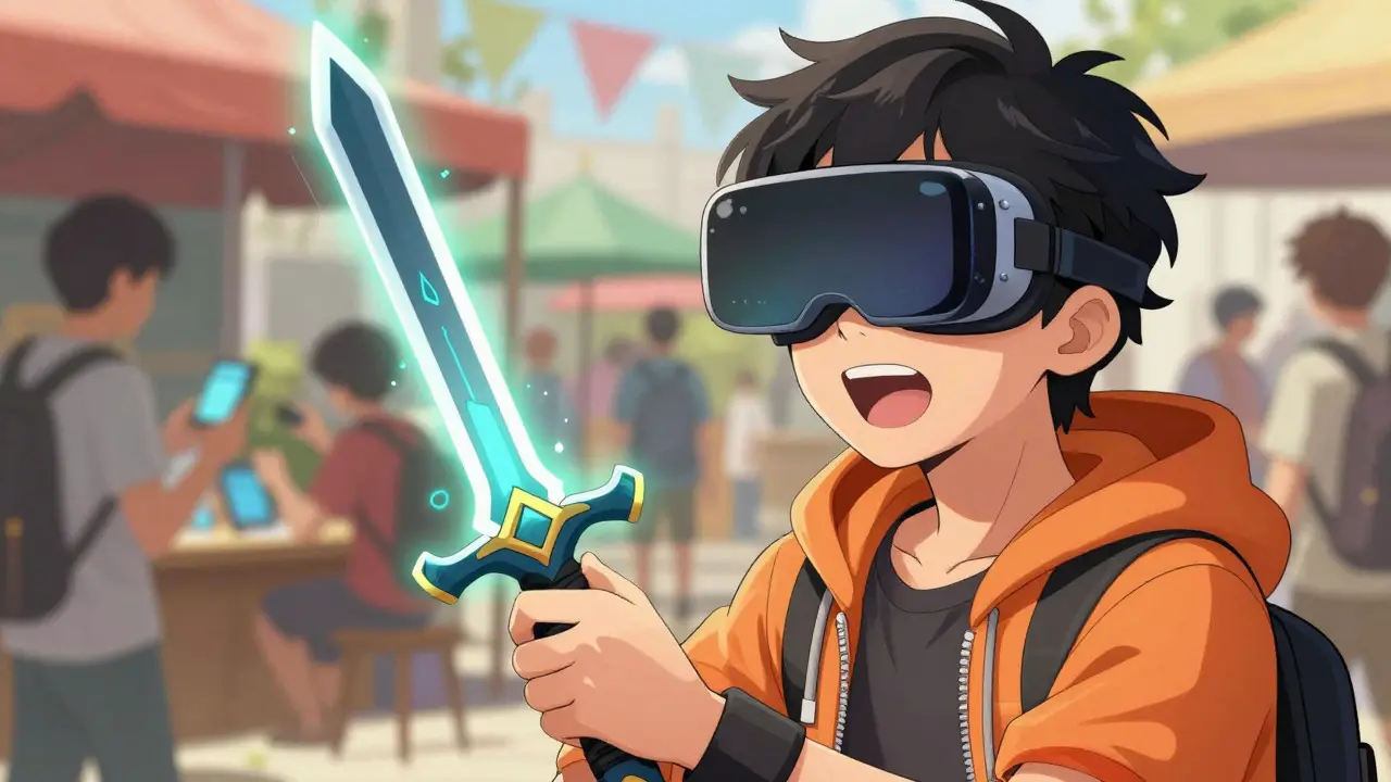 Manga gamer holding a glowing NFT sword in a digital marketplace