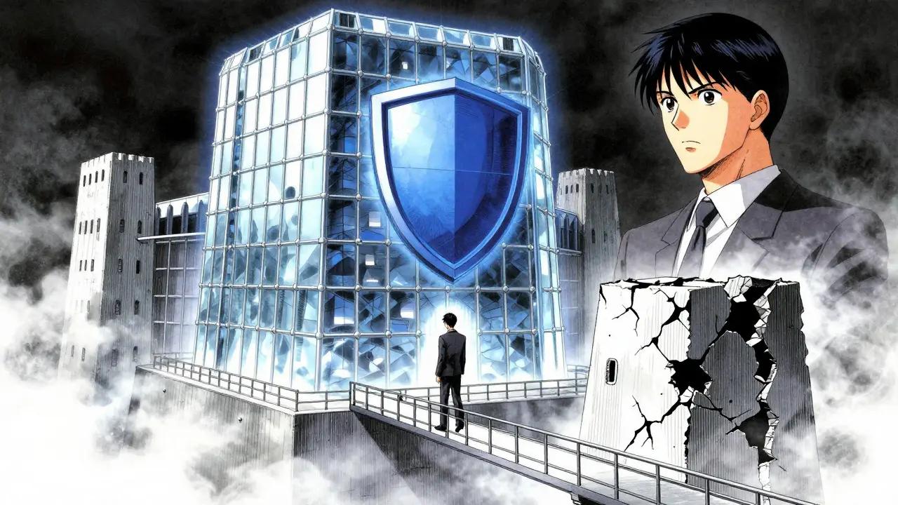 Manga illustration contrasting a secure fortress with a crumbling unregulated structure
