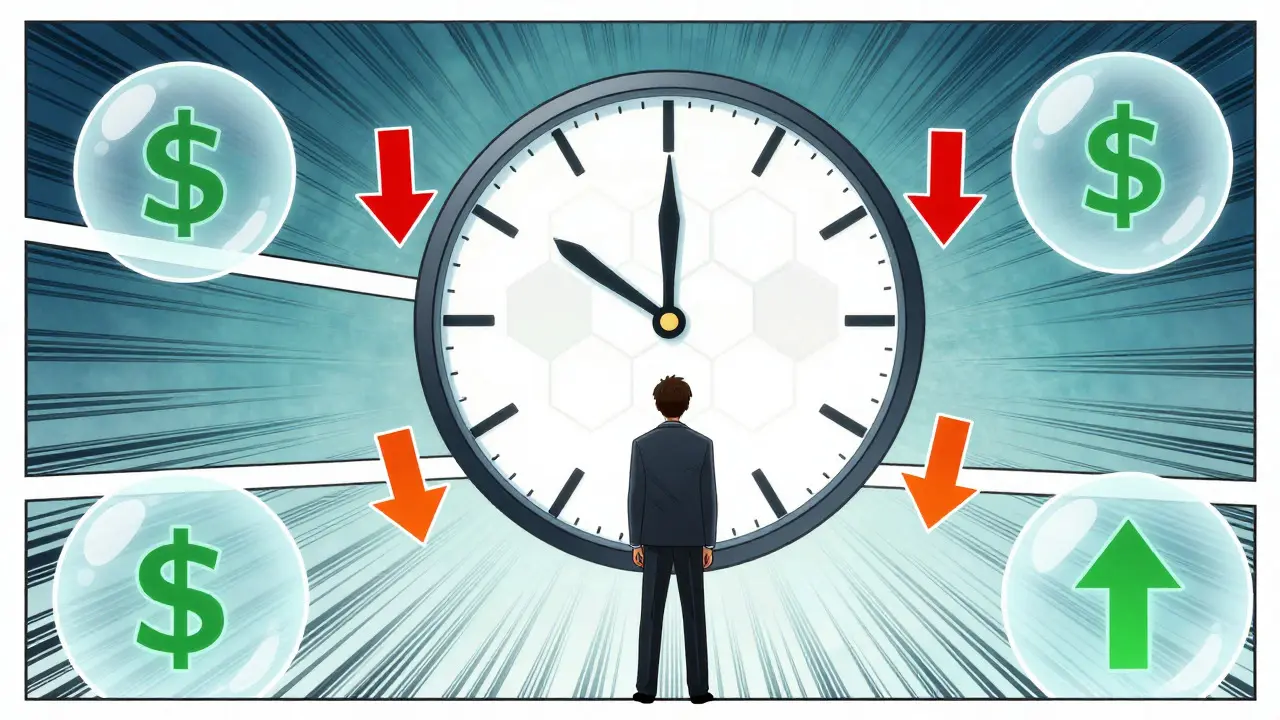 Manga illustration of a character waiting by a blockchain-themed clock, symbolizing long-term holding strategies