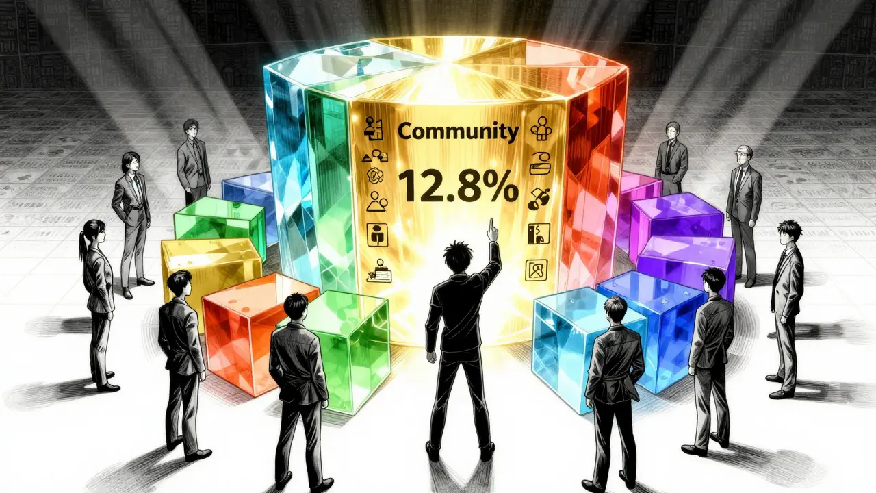 Manga illustration of a glowing crystal structure showing community token allocation