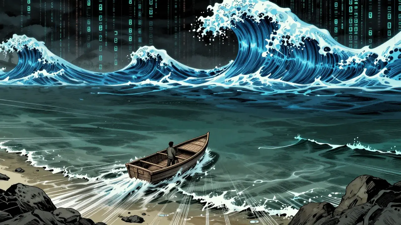 Manga illustration of a small boat navigating shallow waters while facing massive distant waves